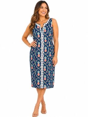 crown & ivy Pineapple Print Lace-Trim Blue Floral Tropical Sleeveless Midi Dress